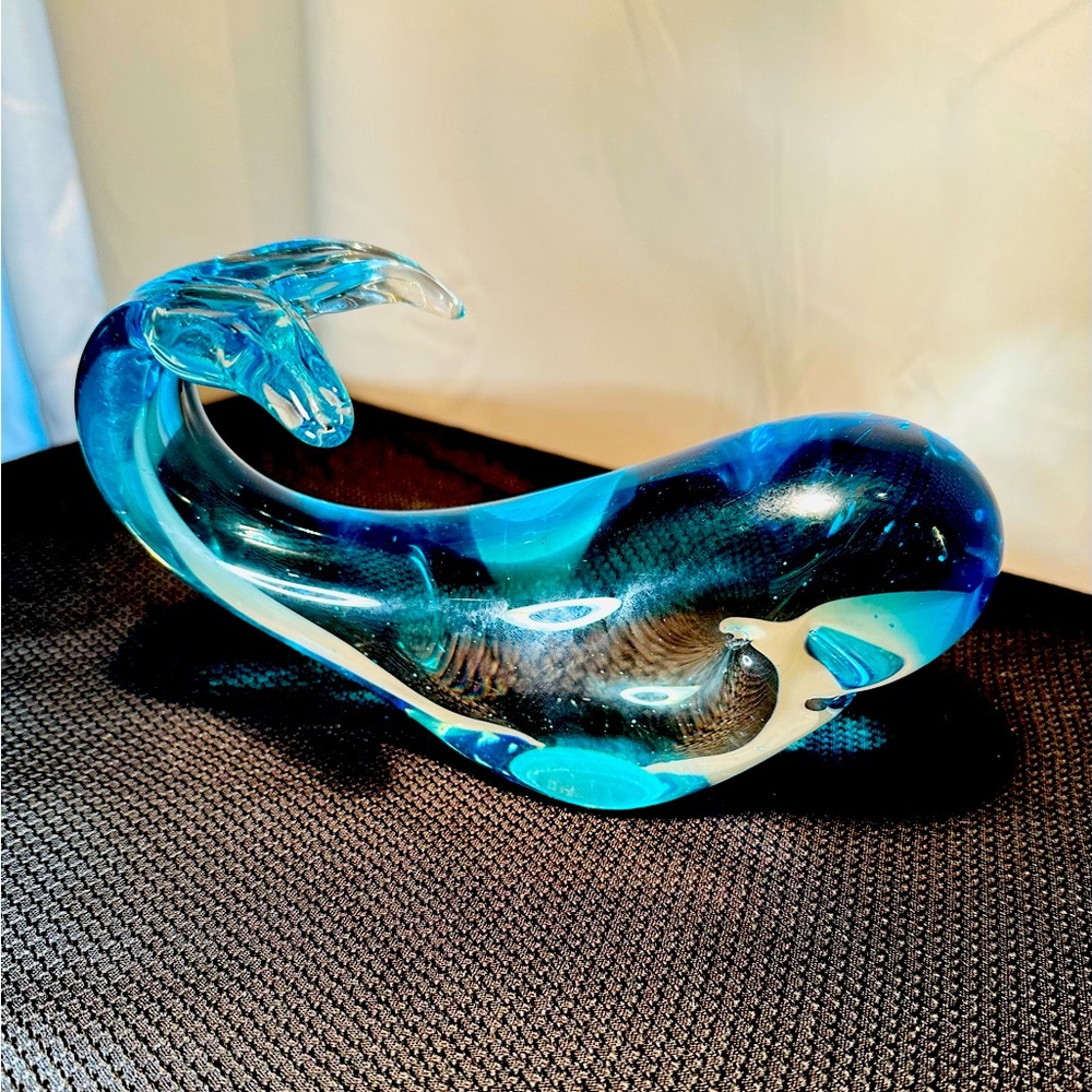 Hand-Blown Glass, Art Glass, Blue Whale Figurine, Paperweight, Happy Face Whale